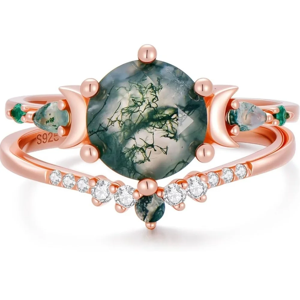 Natural Moss Agate Engagement Ring Set 925 Sterling silver - Picture 2 of 8